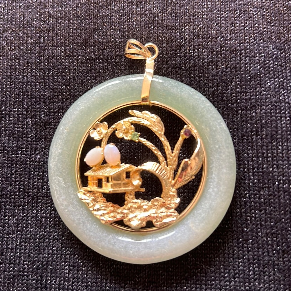 Vintage Jade Green Circle Opal Moonstones Gold Japanese cherry blossom Pendant